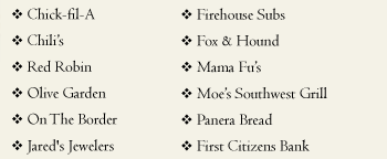 Please stop by and visit the following stores.  Chick-fil-A, Chili's, Red Robin, Olive Garden, On The Border, Jared's Jewelers, Firehouse Subs, Fox & Hound, Mama Fu's, Moe's Southwest Grill, Panera Bread, and First Citizens Bank.